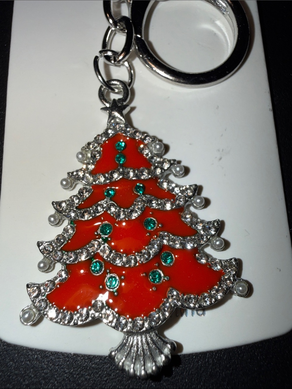 Mint Red Enamel and Green Crystal Christmas Tree Brooch Keychain